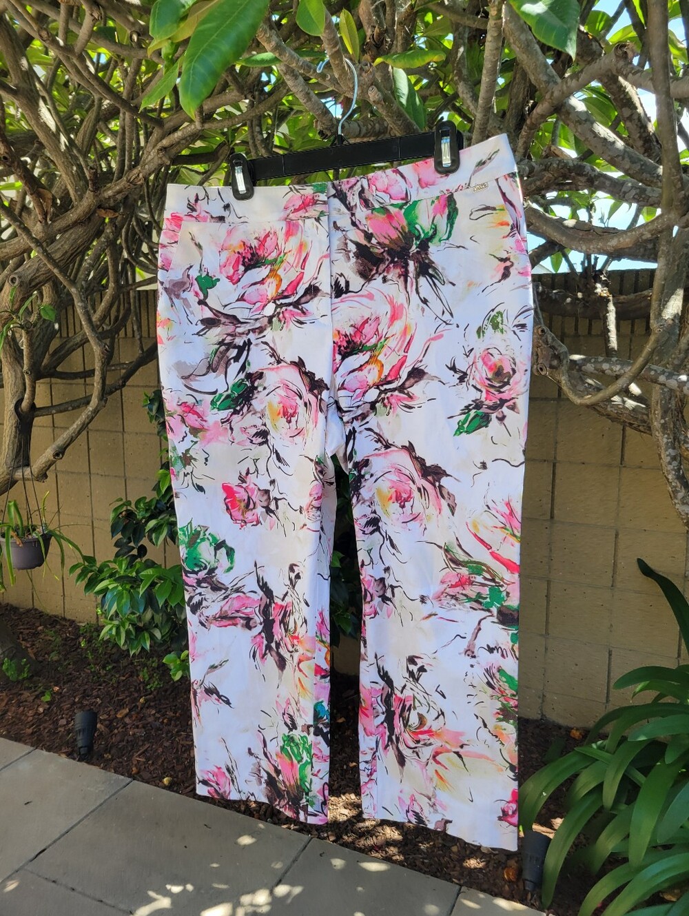 St. John Emma Floral Cotton Colorful Cropped Ankle Summer Pants W/Pokets Size XL